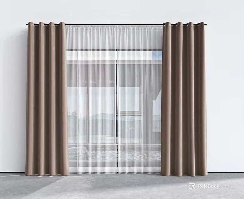 Brown Thick Curtains With White Sheer Panels For Modern Sliding Door Interior Decor 3d model 