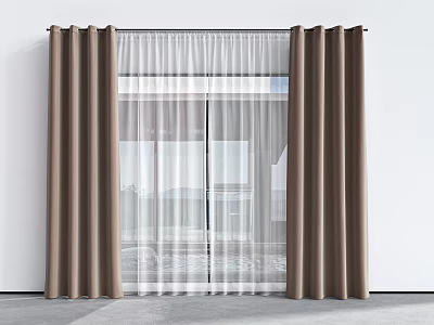 Brown Thick Curtains With White Sheer Panels For Modern Sliding Door Interior Decor 3d model
