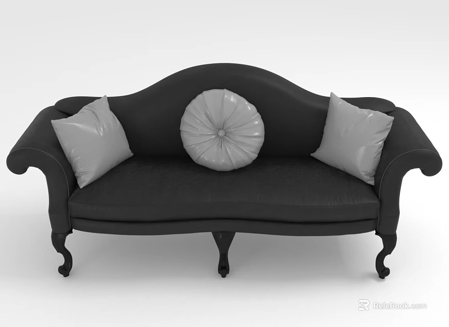 Classic Black Three-Seater Sofa With Gray Square Pillows Central Round Pillow And Curved Wooden Legs 3d model 