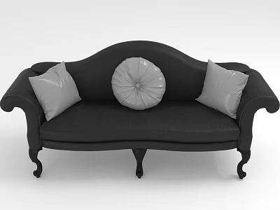 Classic Black Three-Seater Sofa With Gray Square Pillows Central Round Pillow And Curved Wooden Legs 3d model