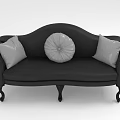 Classic Black Three-Seater Sofa With Gray Square Pillows Central Round Pillow And Curved Wooden Legs