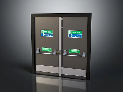 Safety Double Doors With Push Bar Handles And Green Fire Exit Signs 3d model