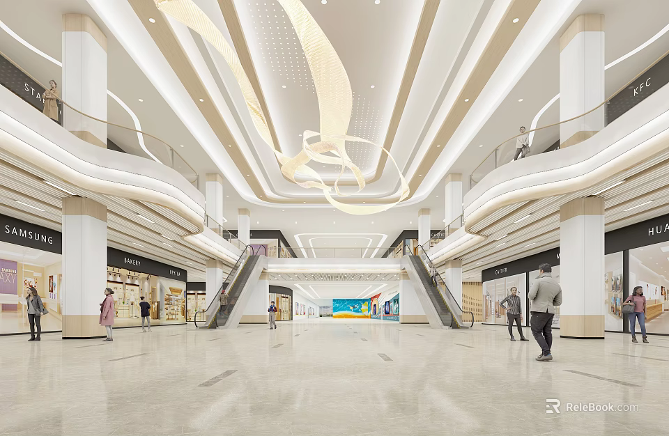 Modern Shopping Mall Lobby Interior With Chandelier Escalators Pedestrians And Storefronts 3d model 