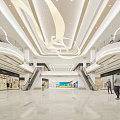 Modern Shopping Mall Lobby Interior With Chandelier Escalators Pedestrians And Storefronts