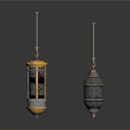 Two Decorative Hanging Lanterns Featuring Golden Accents And Mesh Patterns