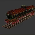 Red And Green Tank Car On Railway Track With Metal Wheels And Structure