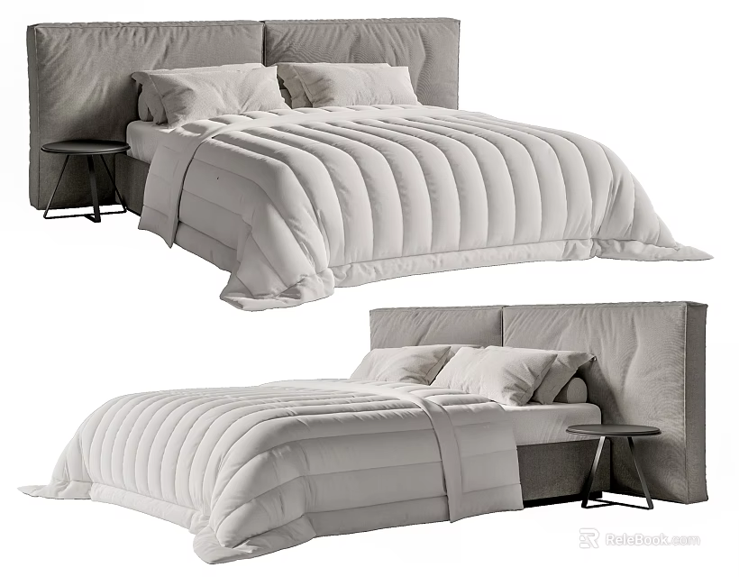 Modern Double Bed With Grey Upholstered Headboard White Quilted Comforter And Side Nightstand 3d model 