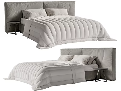 Modern Double Bed With Grey Upholstered Headboard White Quilted Comforter And Side Nightstand 3d model