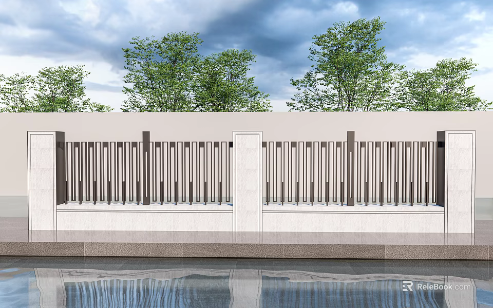 Modern White Scenic Wall With Metal Slats Water Reflection Green Trees And Blue Sky 3d model 
