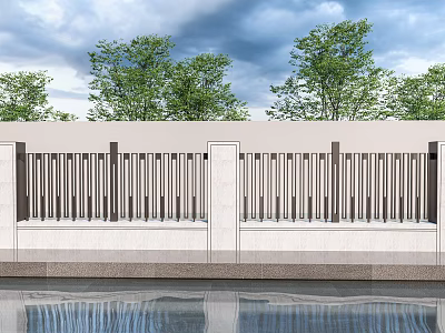 Modern White Scenic Wall With Metal Slats Water Reflection Green Trees And Blue Sky 3d model