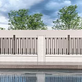 Modern White Scenic Wall With Metal Slats Water Reflection Green Trees And Blue Sky