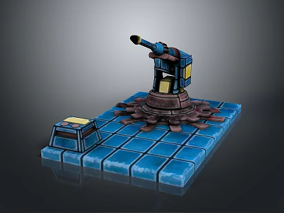 3D Rendered Scenic Landscape with Blue Tile Platform Mechanical Device and Small Box 3d model