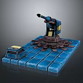 3D Rendered Scenic Landscape with Blue Tile Platform Mechanical Device and Small Box