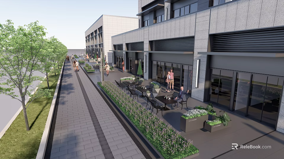 Modern Commercial Street With Pedestrian Walkway Outdoor Seating And Green Plants 3d model 