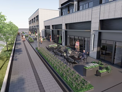Modern Commercial Street With Pedestrian Walkway Outdoor Seating And Green Plants 3d model