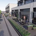 Modern Commercial Street With Pedestrian Walkway Outdoor Seating And Green Plants
