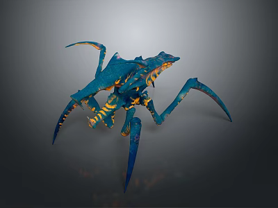 Blue and Yellow Spider Like Creature with Multiple Armored Legs and Mythical Body Details 3d model