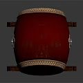 Traditional Red Musical Drum With Decorative Patterns On Leather Drumhead And Wooden Stand