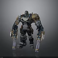 Mechanical Warrior Robot With Skull Emblem Blue Gold Armor And Dual Weapons