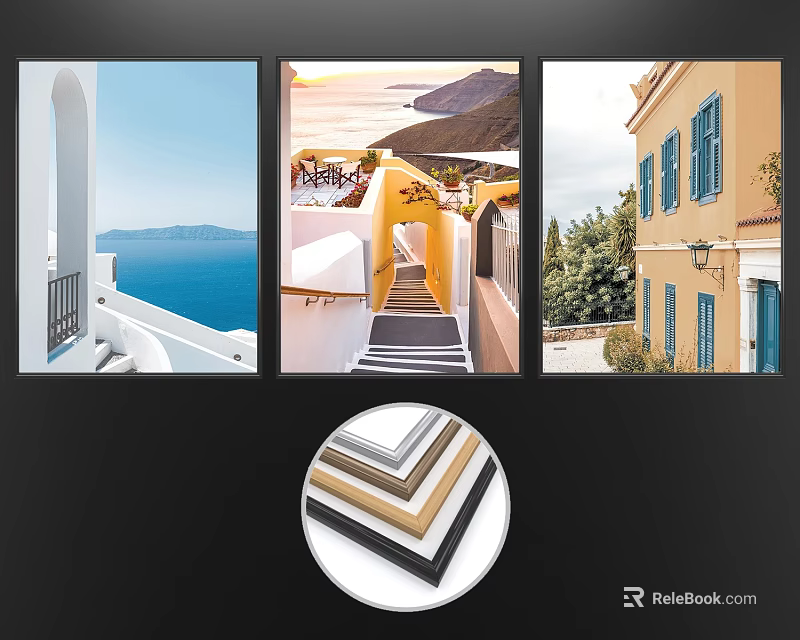 Framed Triptych Landscape Paintings Featuring Sea View Alleyway And Shuttered Building 3d model 