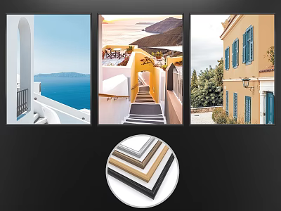 Framed Triptych Landscape Paintings Featuring Sea View Alleyway And Shuttered Building 3d model