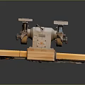 Vintage Bench Grinder Equipment on Yellow Wooden Base with Dark Background and Reflection