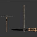 Antique Weapons Assortment Featuring Three Different Sizes Hammers and Wooden Handle Knives
