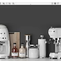 Modern White Kitchen Appliances Blender Coffee Machine Wooden Cutting Board Jars Bottles On Gray Backdrop