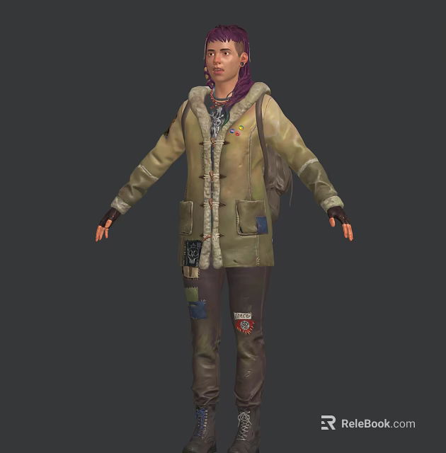 A Woman with Purple Hair Wearing Patched Coat Pants Fur Collar Badges and Outstretched Hands 3d model 