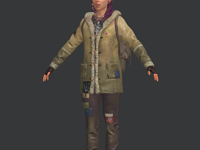 A Woman with Purple Hair Wearing Patched Coat Pants Fur Collar Badges and Outstretched Hands 3d model