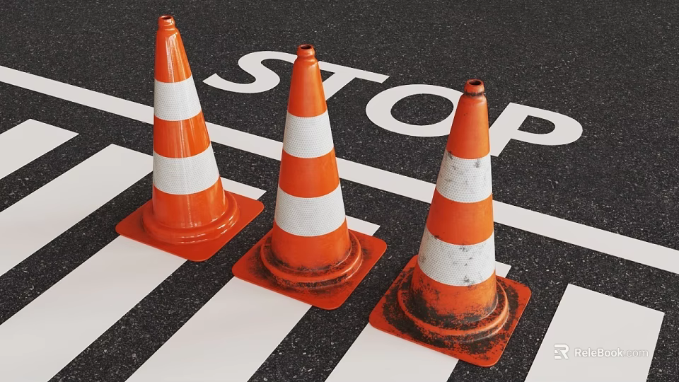 Orange And White Traffic Cones On Road With STOP Lettering And Zebra Crossing 3d model 