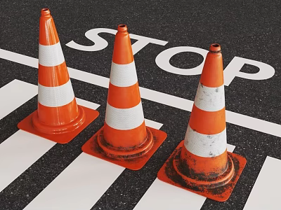 Orange And White Traffic Cones On Road With STOP Lettering And Zebra Crossing 3d model