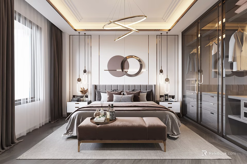Modern Bedroom Interior Design With Circular Wall Art Chandelier Large Bed And Bench 3d model 