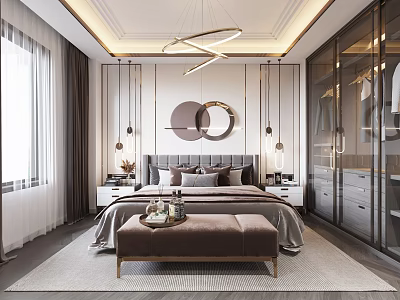 Modern Bedroom Interior Design With Circular Wall Art Chandelier Large Bed And Bench 3d model