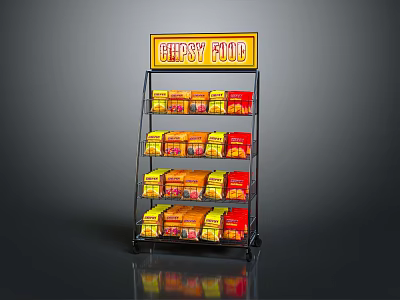 Retail Display Shelf With FAST FOOD Sign And Multiple Layers Of Yellow Red Packaged Products 3d model