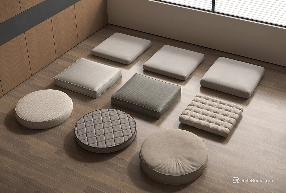 Casual Sofa Set With Quilted And Pleated Designs Round Square Cushions Neutral Tones Wooden Floor 3d model 