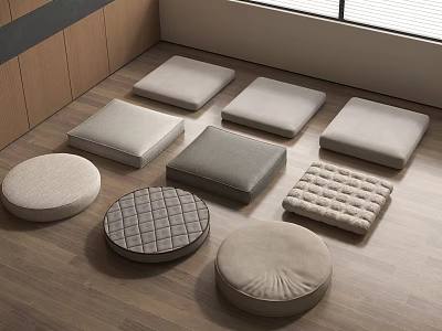 Casual Sofa Set With Quilted And Pleated Designs Round Square Cushions Neutral Tones Wooden Floor 3d model