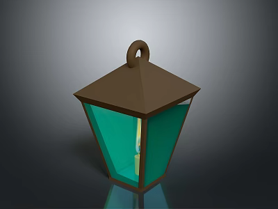 Square Shaped Hanging Lantern With Brown Top Green Glass Shade And Yellow Glow 3d model