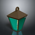 Square Shaped Hanging Lantern With Brown Top Green Glass Shade And Yellow Glow