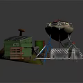 Old Wooden Boat On Metal Stand With Green Crate And Wooden Box
