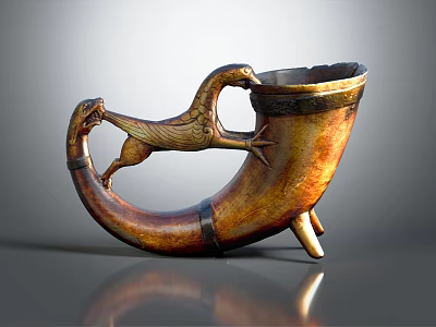 Artistic Vintage Horn Wine Cup With Mythical Creature Design And Metal Accents 3d model