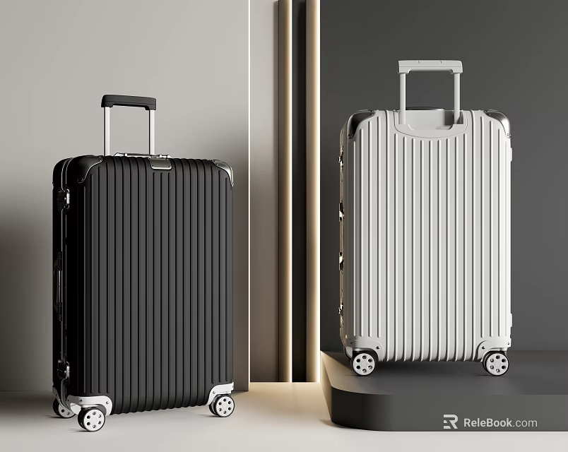 Black And White Hard Shell Suitcases With Telescopic Handle And Rolling Wheels 3d model 