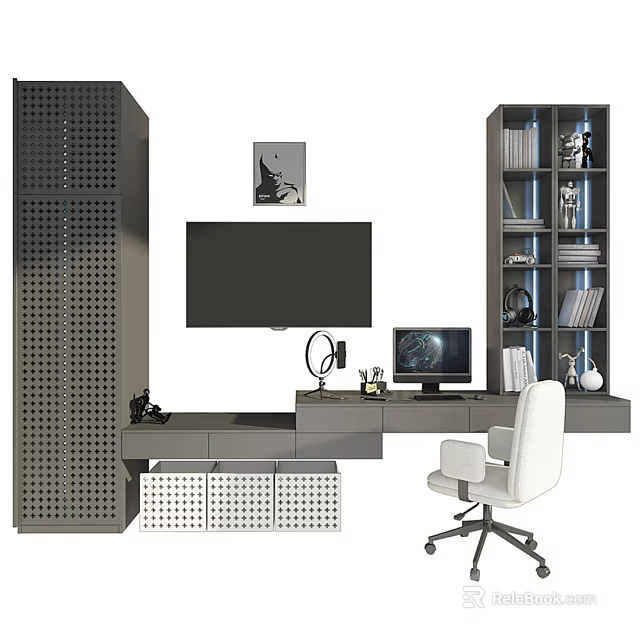 Modern Desk Interior with Computer Bookshelf White Chair and Wall Art 3d model 