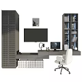 Modern Desk Interior with Computer Bookshelf White Chair and Wall Art