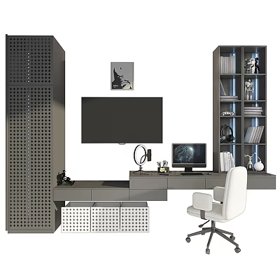 Modern Desk Interior with Computer Bookshelf White Chair and Wall Art 3d model