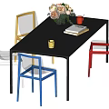 Modern Dining Table Set With Multicolored Chairs Vase Books And Cups 3d model