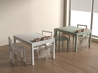 Kids Table Set with White Green Chairs Toy Blocks and Woven Basket for Bedroom 3d model