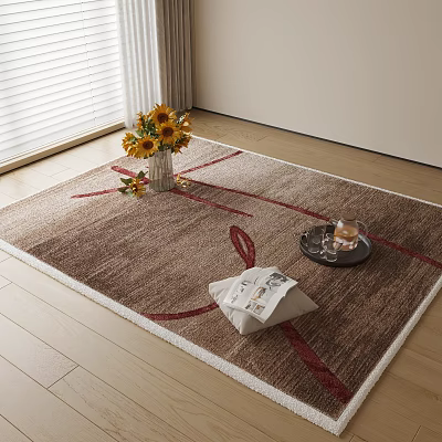 Brown Square Rug with Red Lines Sunflowers Vase Magazine and Tray in Living Room 3d model