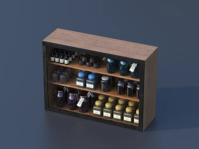 Wooden Entryway Side Cabinet With Multiple Shelves Displaying Organized Storage Bottles And Jars 3d model