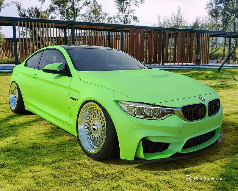 Green BMW M4 Coupe Sports Car Parked on Grass with Wooden Fence Background 3d model 